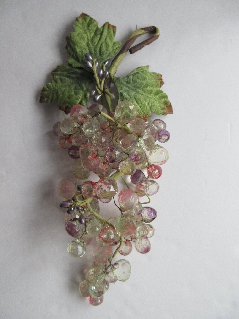Pink Purple Faceted Lucite Acrylic Grape Cluster w/ Velvet Leaves 11"